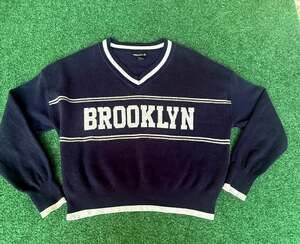 Arden B Brooklyn Varsity Sweater Womens S Navy Cream V Neck Collegiate Knit